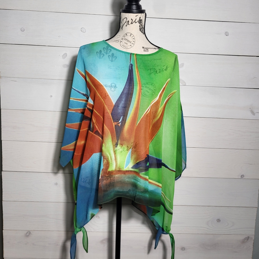 Jade Sheer Top Tropical Artsy Floral Beach Cover Up BOHO Summer